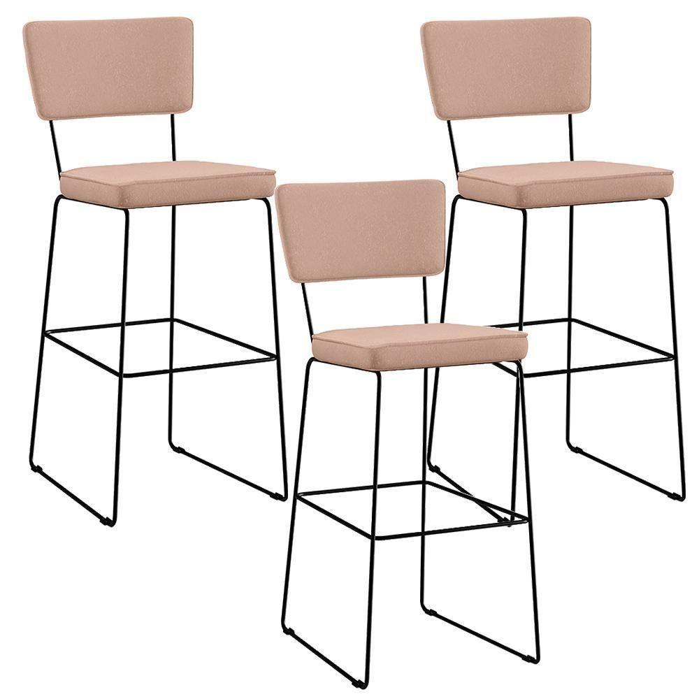 Kit 3 Banquetas Alta Base Em Aço Fixa Linho Rosê - 1