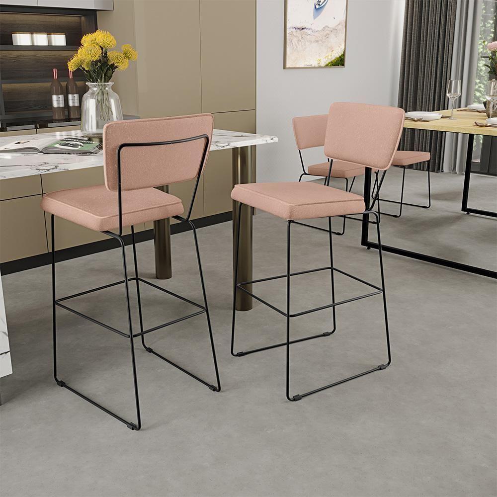 Kit 3 Banquetas Alta Base Em Aço Fixa Linho Rosê - 9