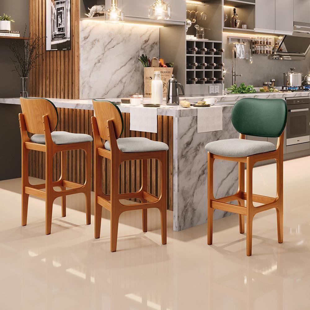 Kit 4 Banquetas Alta Betta Imbuia Facto Verde Linho Bege - 8