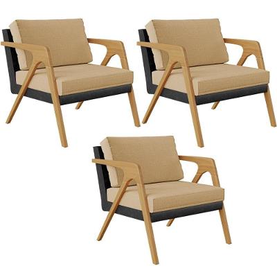 Kit 03 Poltronas Decorativas Pietra L02 Couríssimo Preto Linho Bege Escuro Lyam Decor