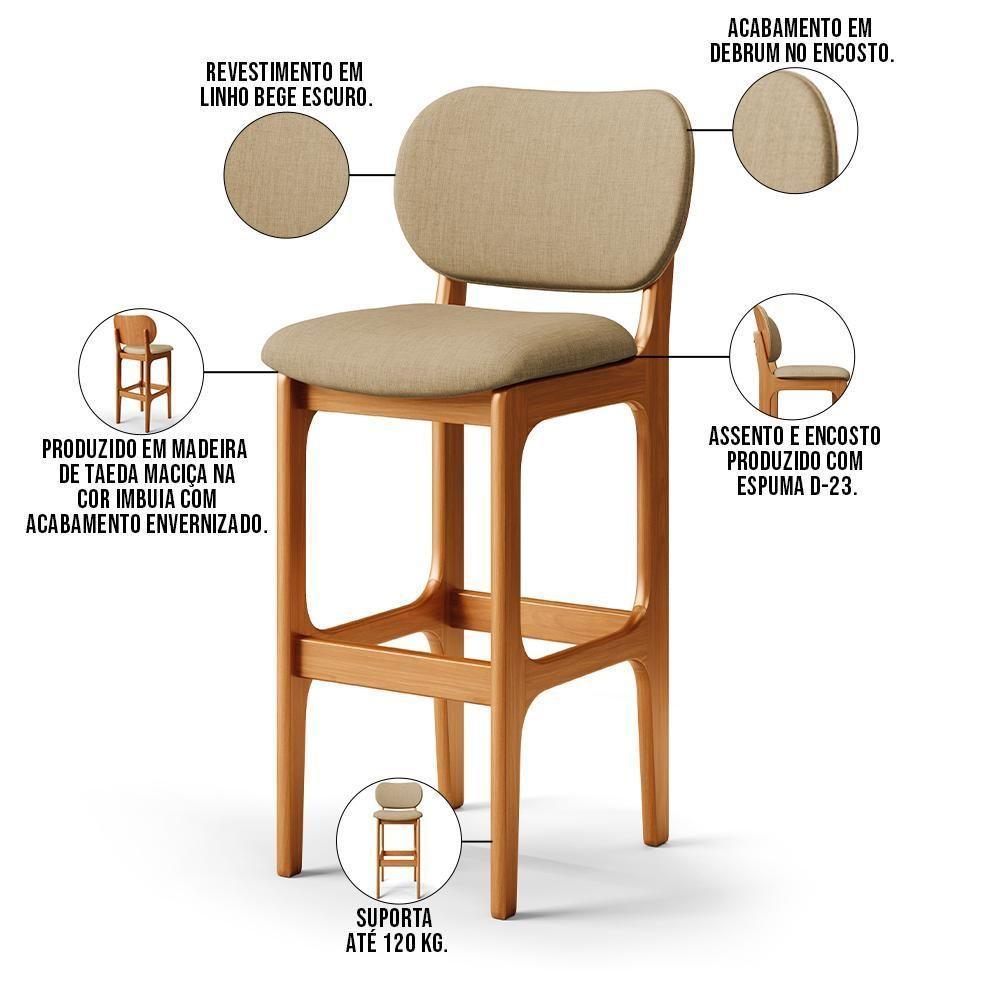 Kit 2 Banquetas Alta Betta Imbuia Linho Bege Escuro - 6