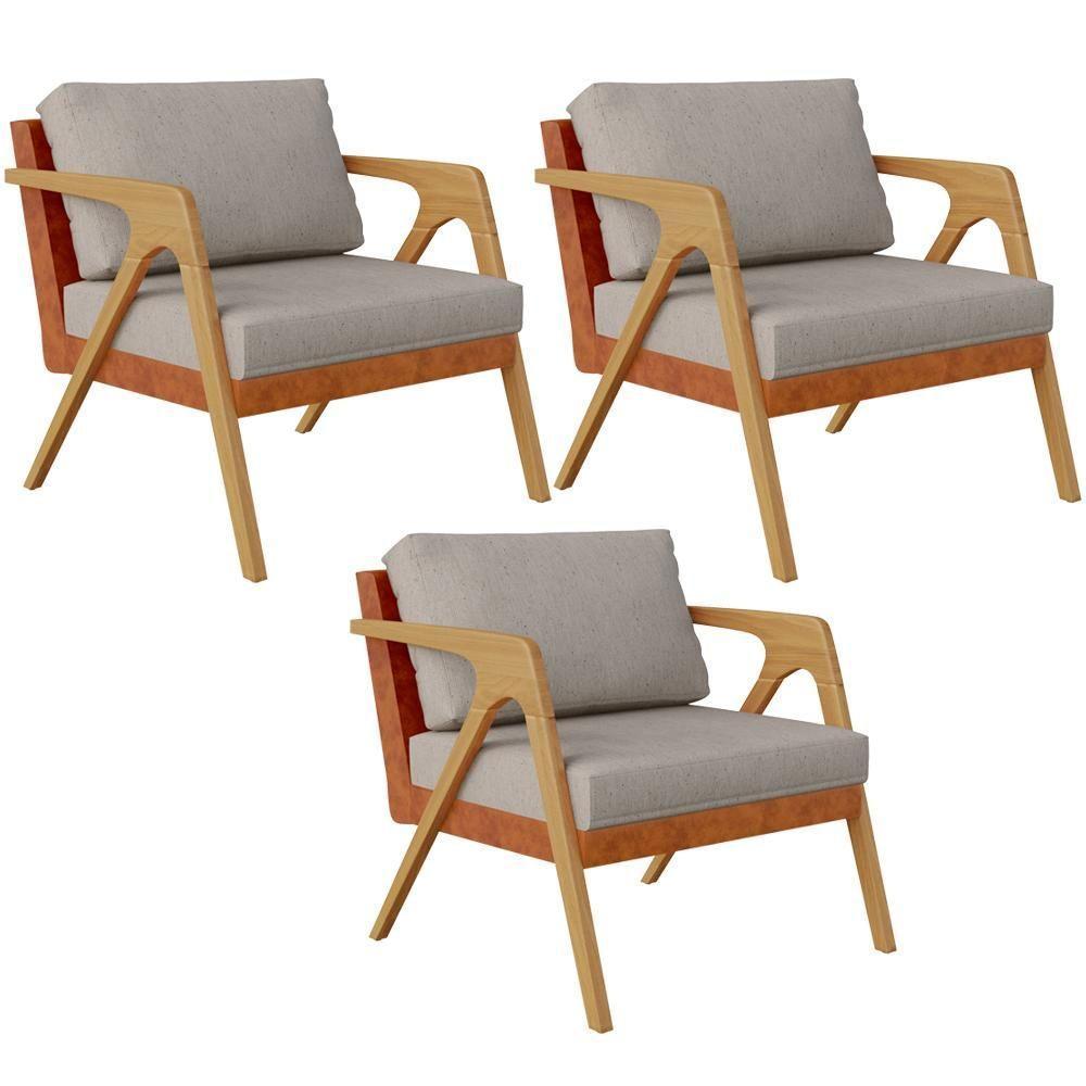 Kit 03 Poltronas L02 Couríssimo Camel Linho Bege - 1