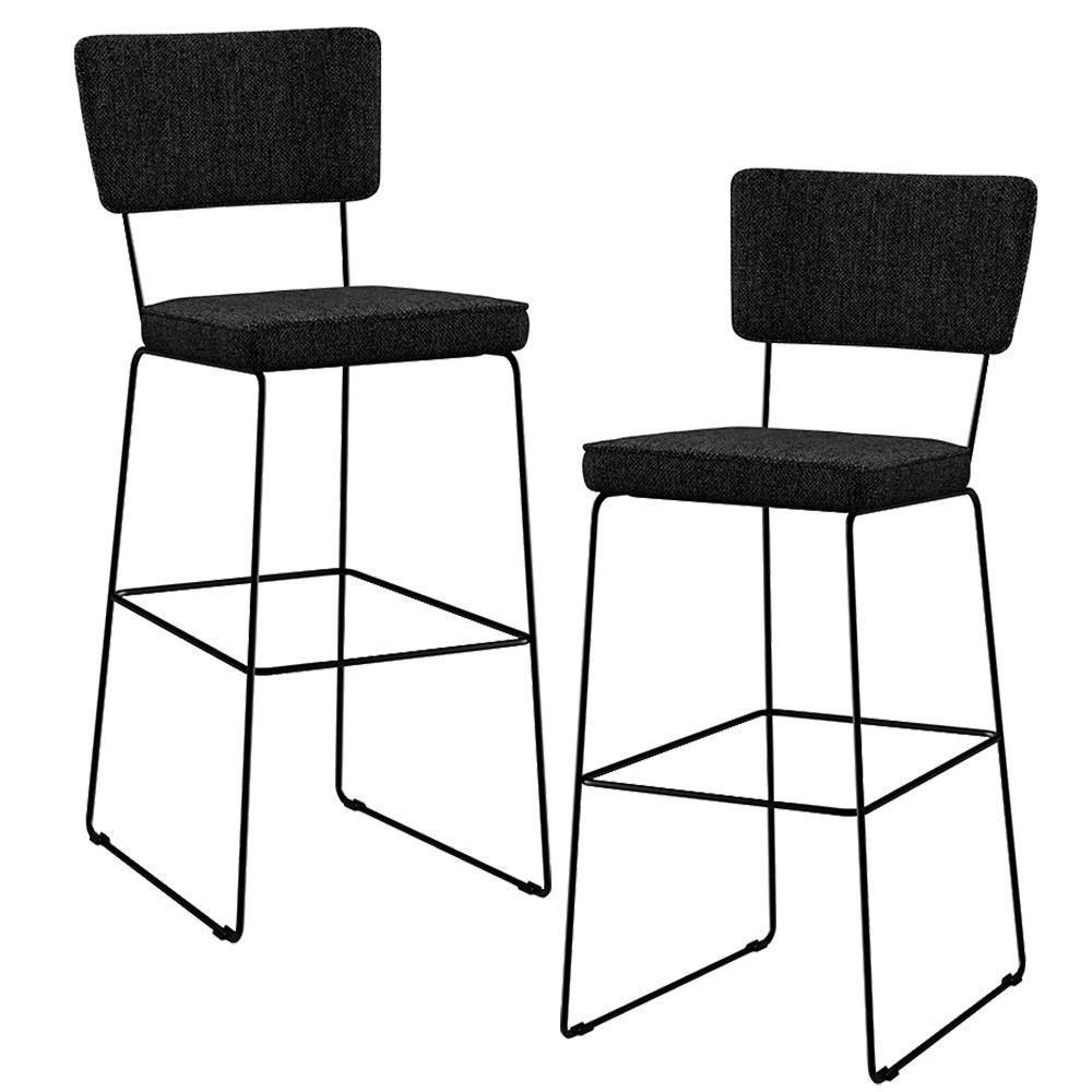 Kit 02 Banquetas Alta Base Aço Fixa Linho Chumbo - 1