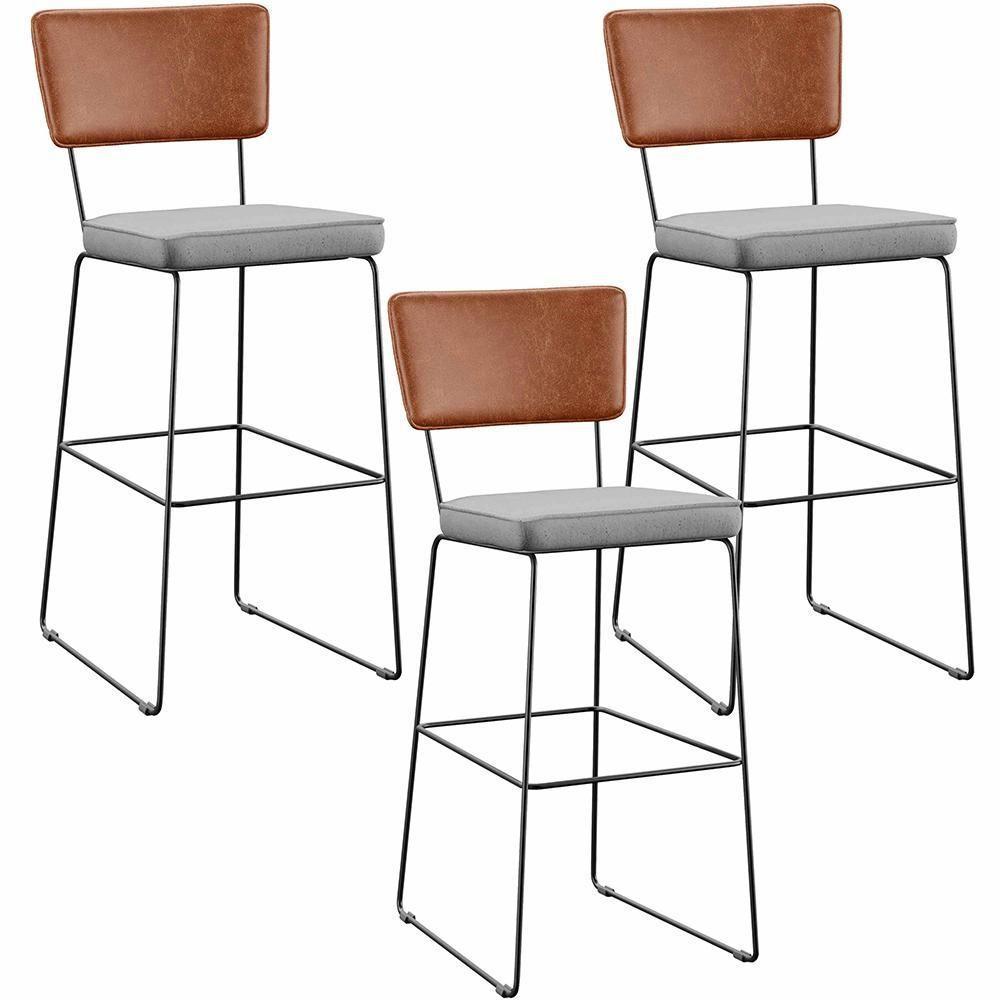 Kit 03 Banquetas Altas Camel Linho Cinza - 1