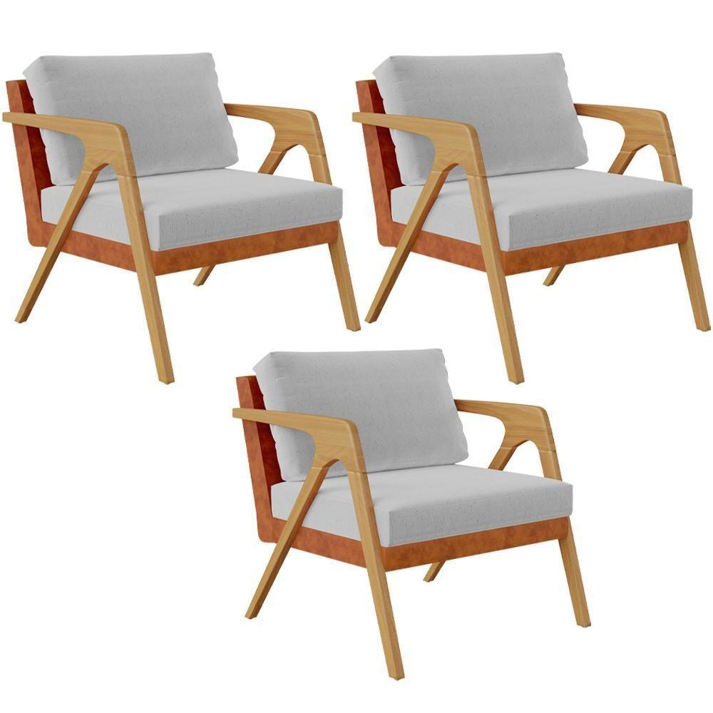 Kit 03 Poltronas Pietra L02 Couríssimo Camel Linho Cinza - 1