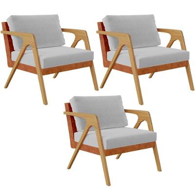 Kit 03 Poltronas Decorativas Pietra L02 Couríssimo Camel Linho Cinza Lyam Decor