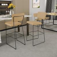 Kit 04 Banquetas Alta Base Aço Fixa Linho Bege Escuro - 9