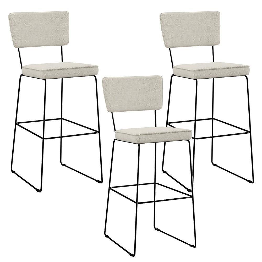 Kit 03 Banquetas Alta Base Aço Fixa Linho Champagne - 1