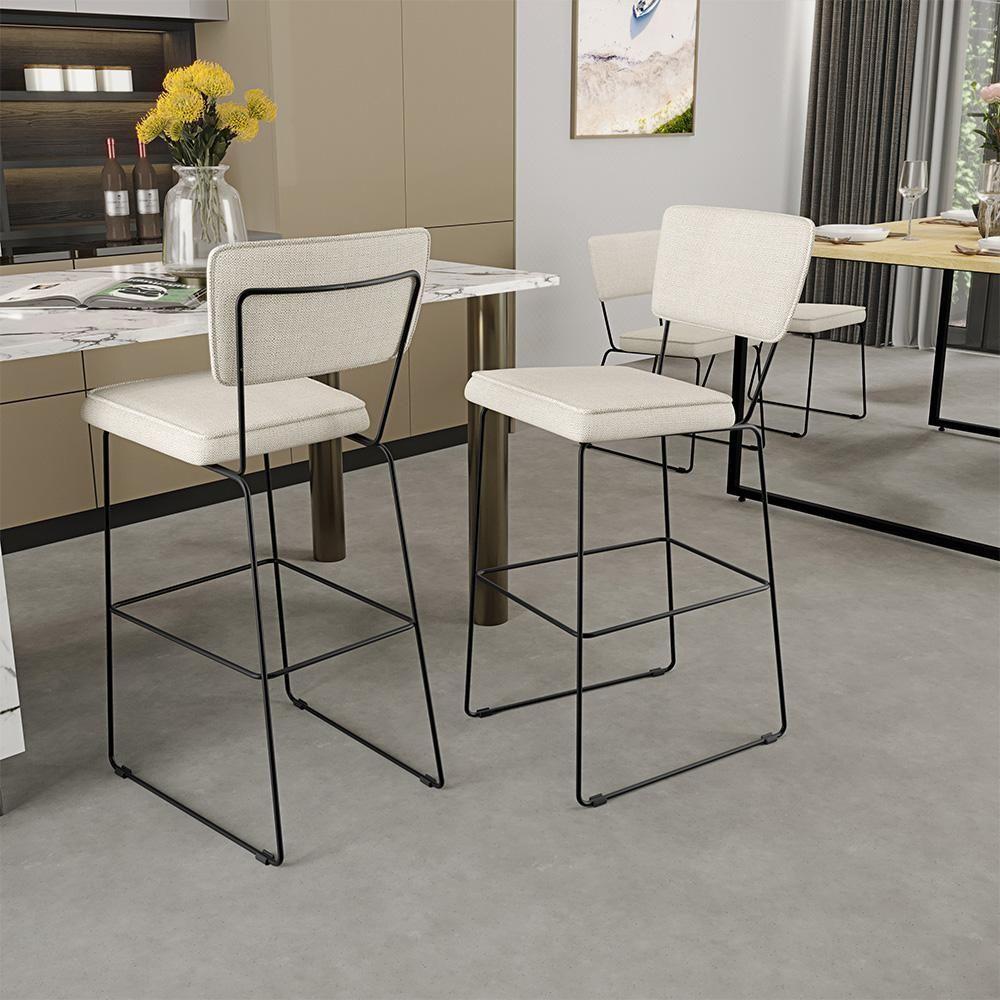 Kit 03 Banquetas Alta Base Aço Fixa Linho Champagne - 9