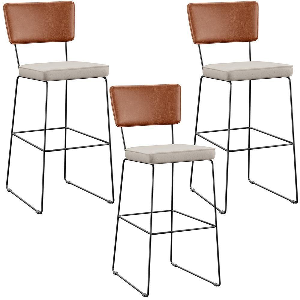 Kit 03 Banquetas Altas Cozinha Allana L02 Camel Linho Cru - 1