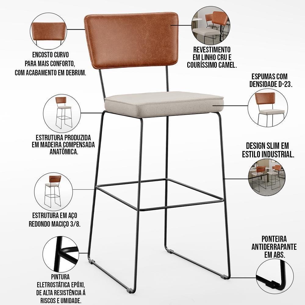 Kit 03 Banquetas Altas Cozinha Allana L02 Camel Linho Cru - 7