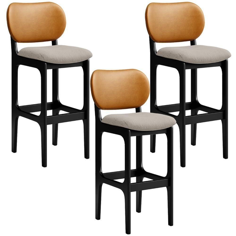 Kit 3 Banquetas Alta Betta Preto Whisky Linho Bege - 1