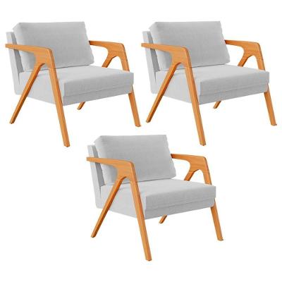 Kit 03 Poltronas Decorativas Pietra Linho Cinza Lyam Decor
