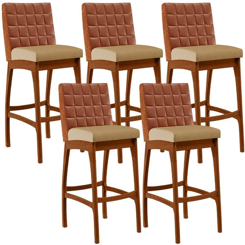 Kit 05 Banquetas Altas Mila Camel Linho Bege Escuro - 1