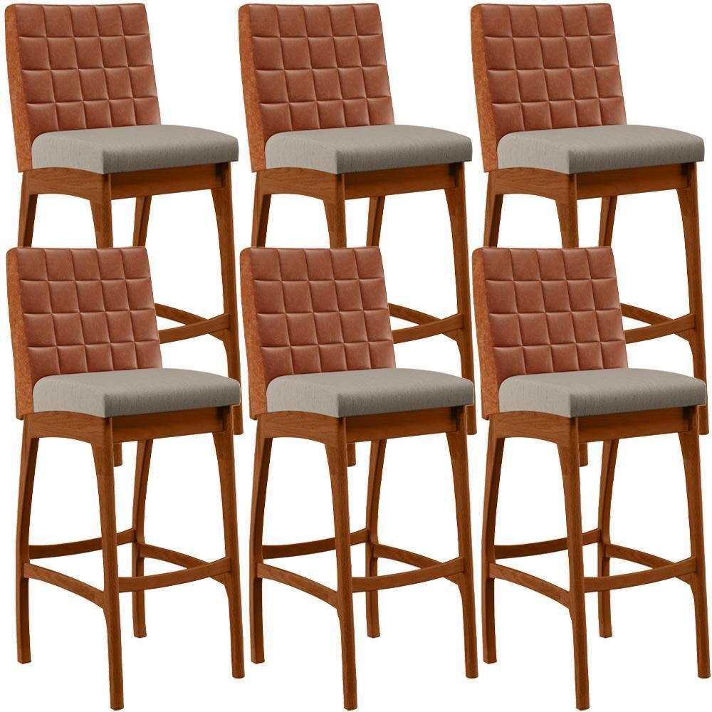 Kit 06 Banquetas Altas Mila Camel Linho Bege - 1