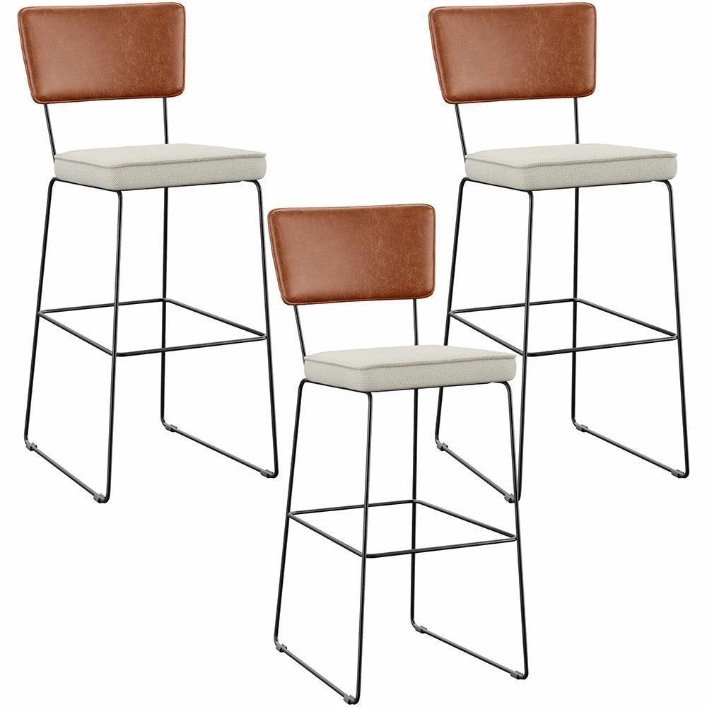 Kit 03 Banquetas Altas Camel Linho Champagne - 1