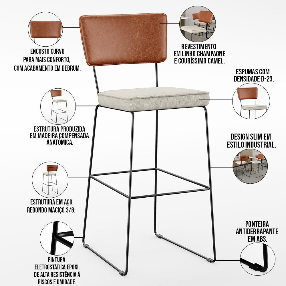 Kit 03 Banquetas Altas Camel Linho Champagne - 7
