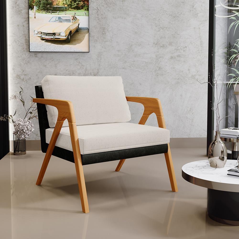 Poltrona Para Sala De Estar Pietra Preto Linho Cru - 7