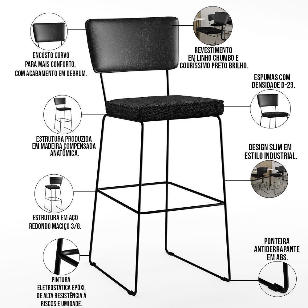 Kit 06 Banquetas Altas Allana L02 Preto Linho Chumbo - 7