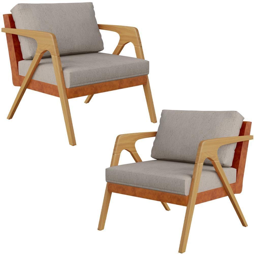 Kit 02 Poltronas L02 Couríssimo Camel Linho Bege - 1