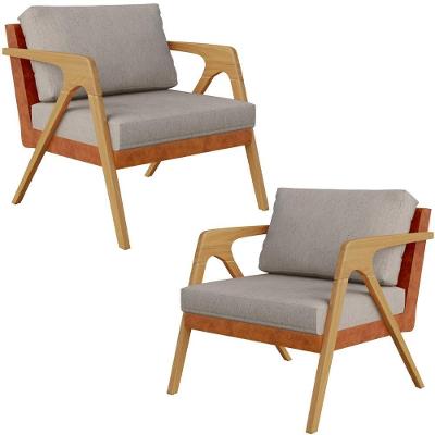 Kit 2 Poltronas Pietra L02 Couríssimo Camel Linho Bege Lyam Decor