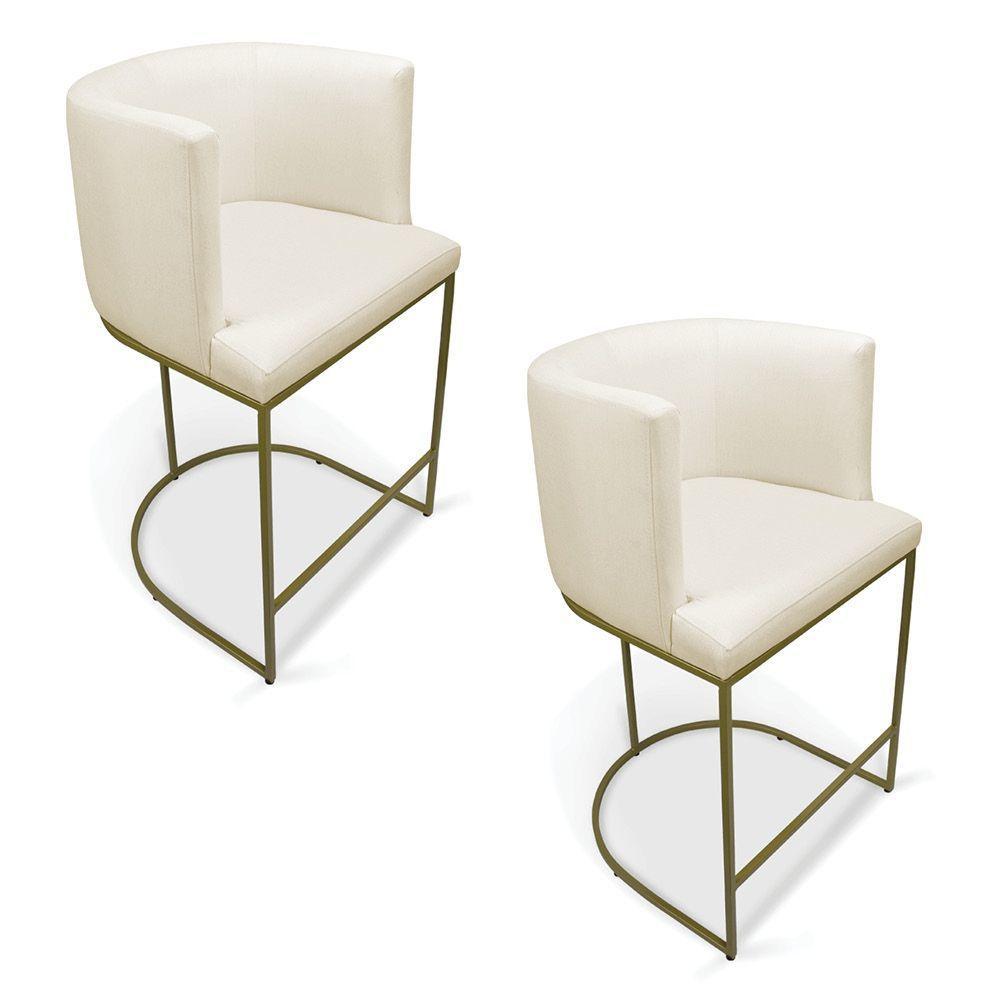 Kit 2 Banquetas Paola Linho Base Metálica Dourada - D'rossi Cor A19 Bege - 1