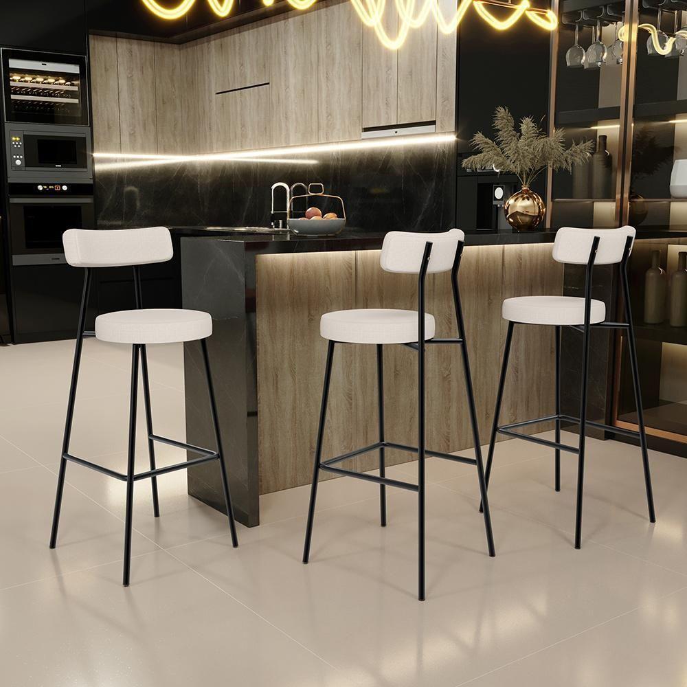 Kit 03 Banquetas Altas Estrutura Em Aço Milão Linho Bege - 8