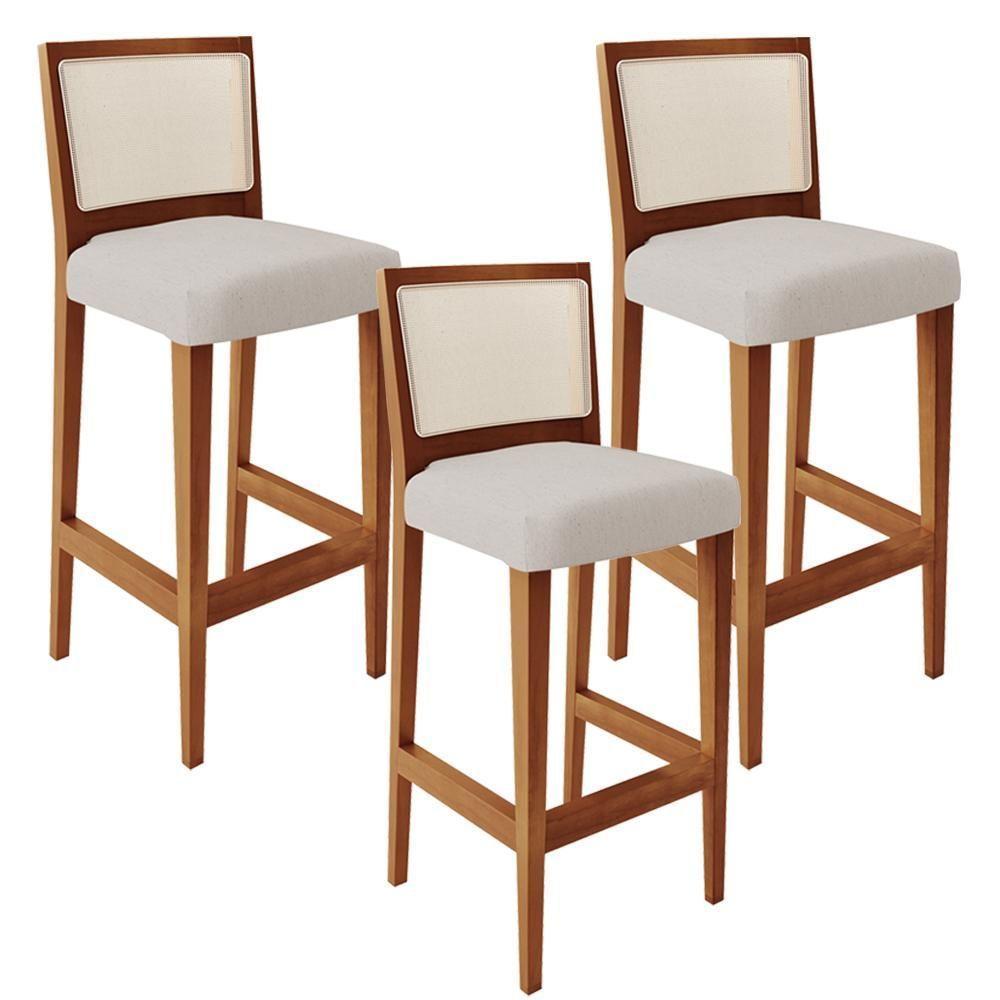 Kit 03 Banquetas Alta Branco Linho Cru - 1