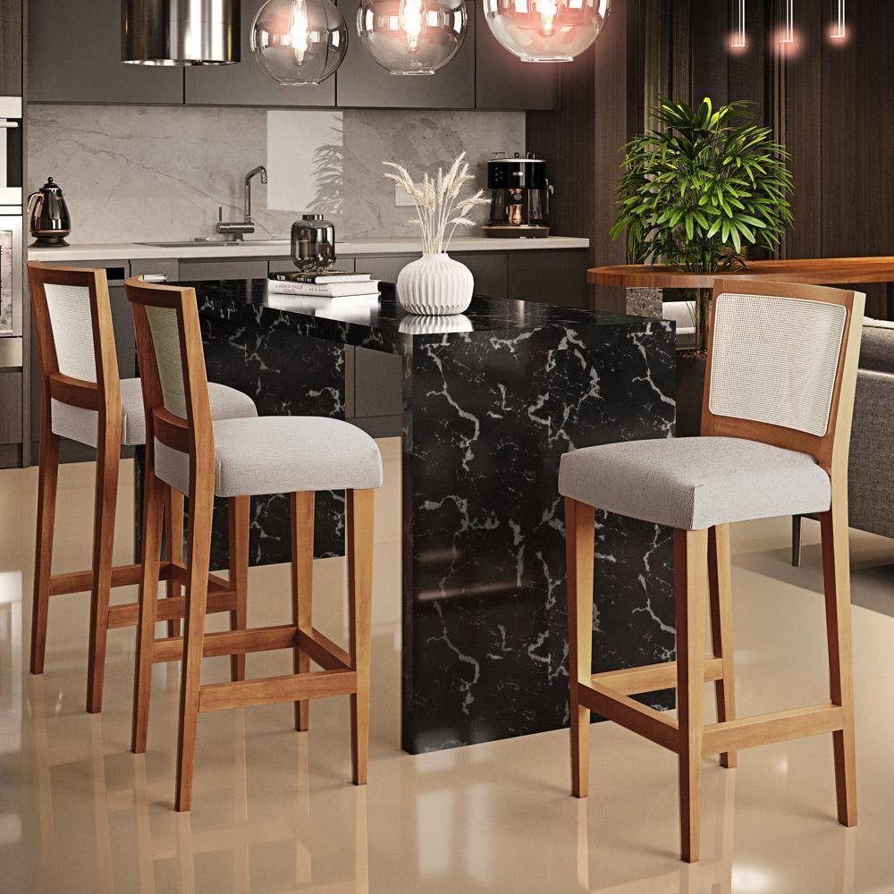 Kit 03 Banquetas Alta Branco Linho Cru - 8