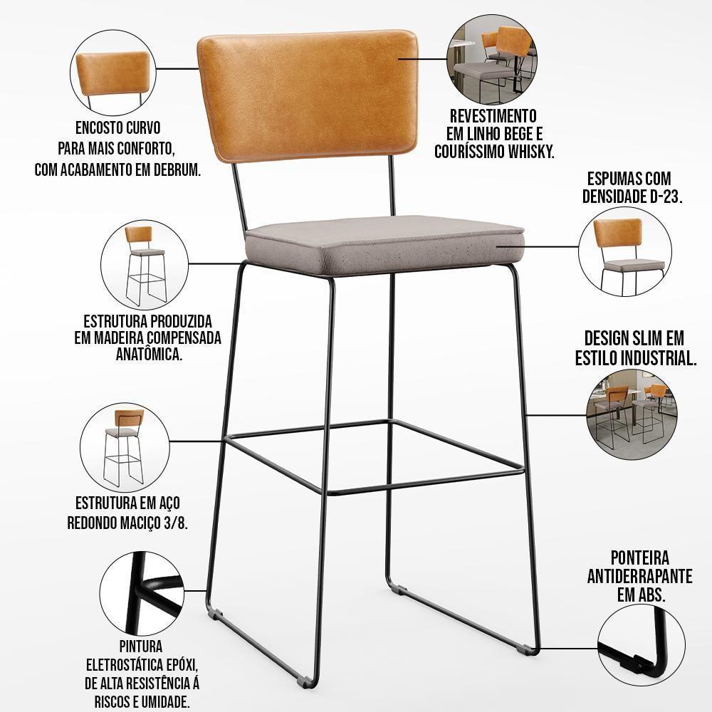 Kit 05 Banquetas Altas Cozinha Allana L02 Whisky Linho Bege - 7