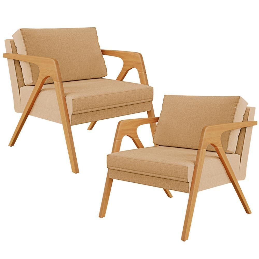 Kit 02 Poltronas Pietra Estrutura L02 Linho Bege Escuro - 1