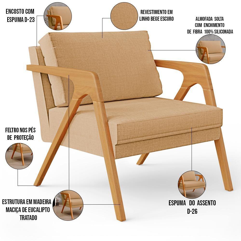 Kit 02 Poltronas Pietra Estrutura L02 Linho Bege Escuro - 6