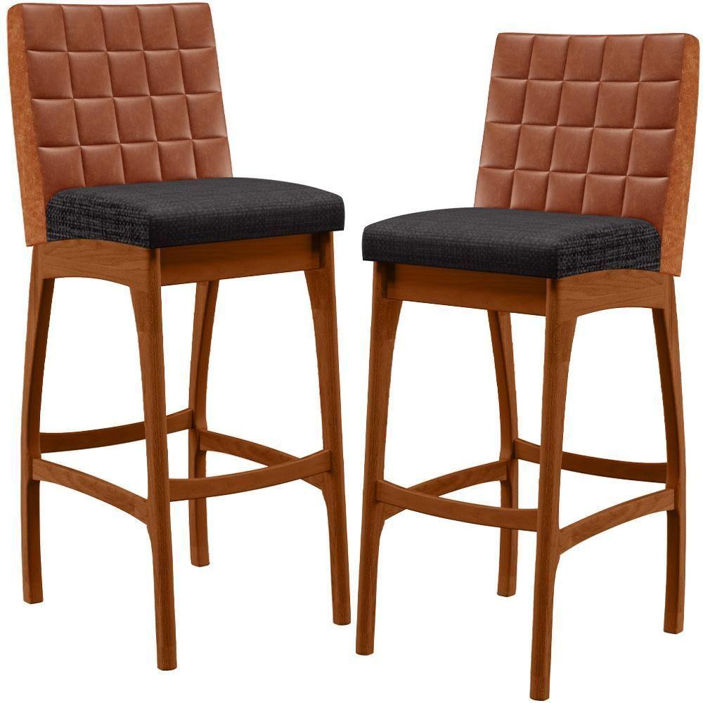 Kit 02 Banquetas Altas Mila Camel Linho Chumbo - 1