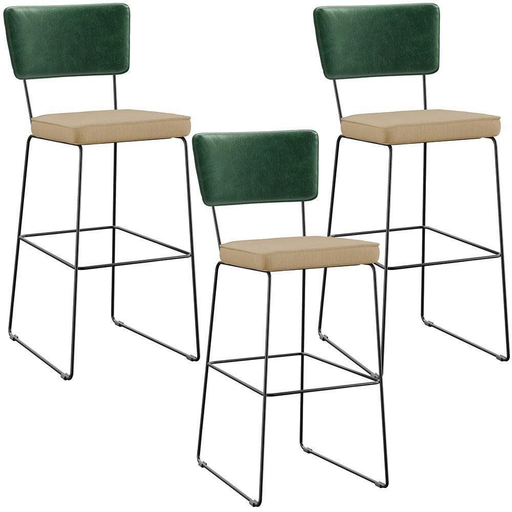 Kit 03 Banquetas Altas Facto Verde Musgo Linho Bege Escuro - 1