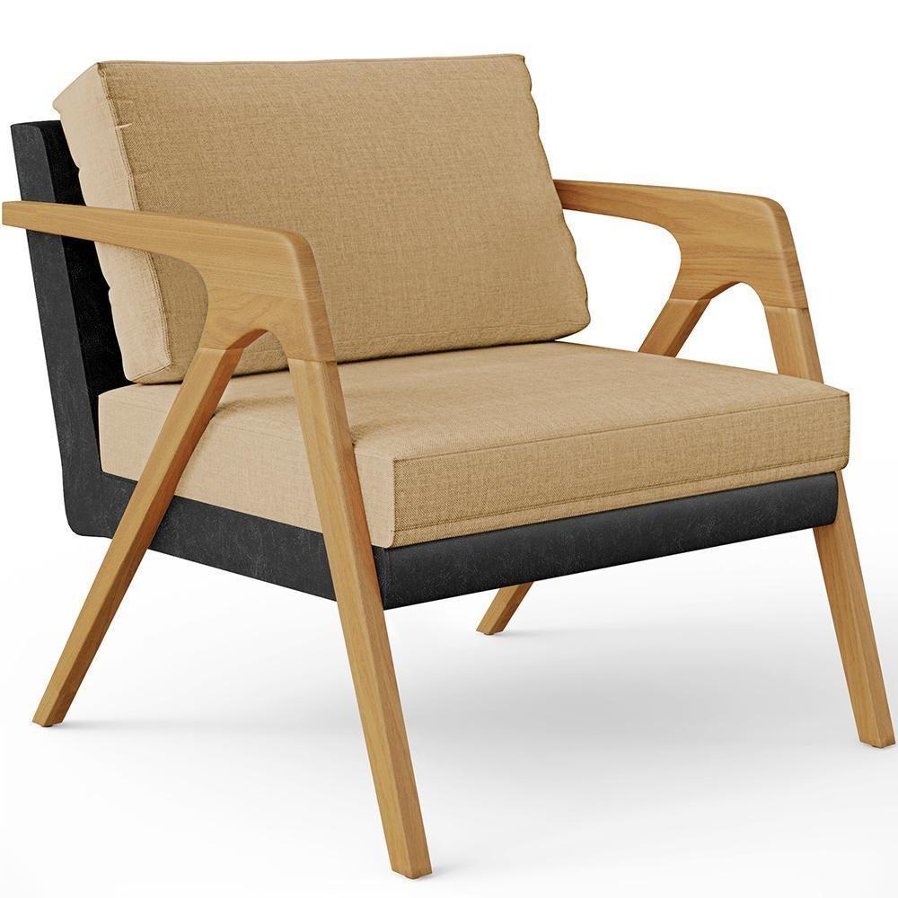 Poltrona Para Sala De Estar Pietra Preto Linho Bege Escuro - 1