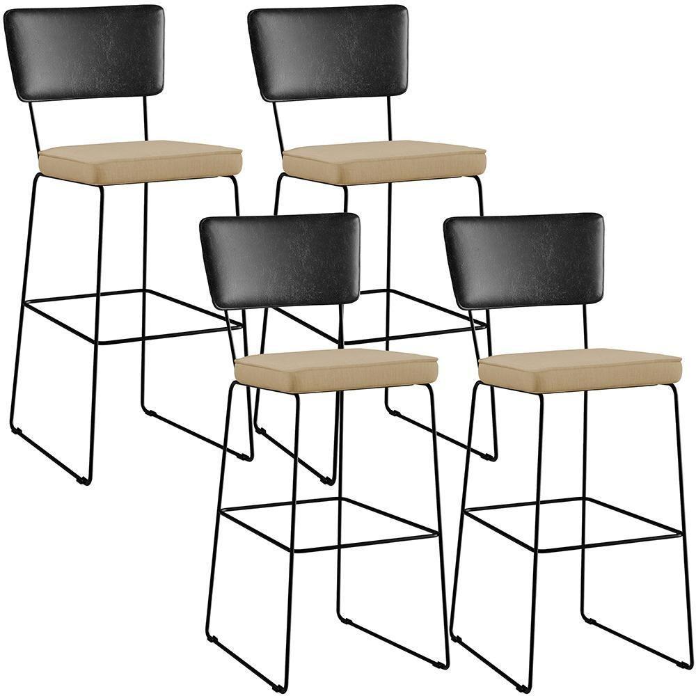 Kit 04 Banquetas Altas Preto Linho Bege Escuro - 1