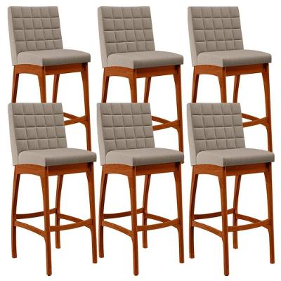 Kit 06 Banquetas Altas Mila B04 Assento em Linho Estrutura Madeira com Encosto Bege