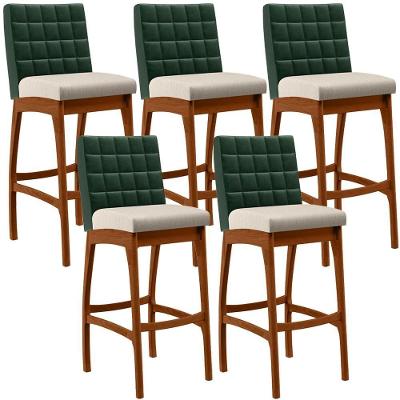 Kit 05 Banquetas Altas Mila B04 Assento em Linho Base Fixa com Encosto Verde Musgo Cru