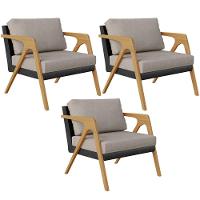 Kit 03 Poltronas L02 Couríssimo Preto Linho Bege - 1