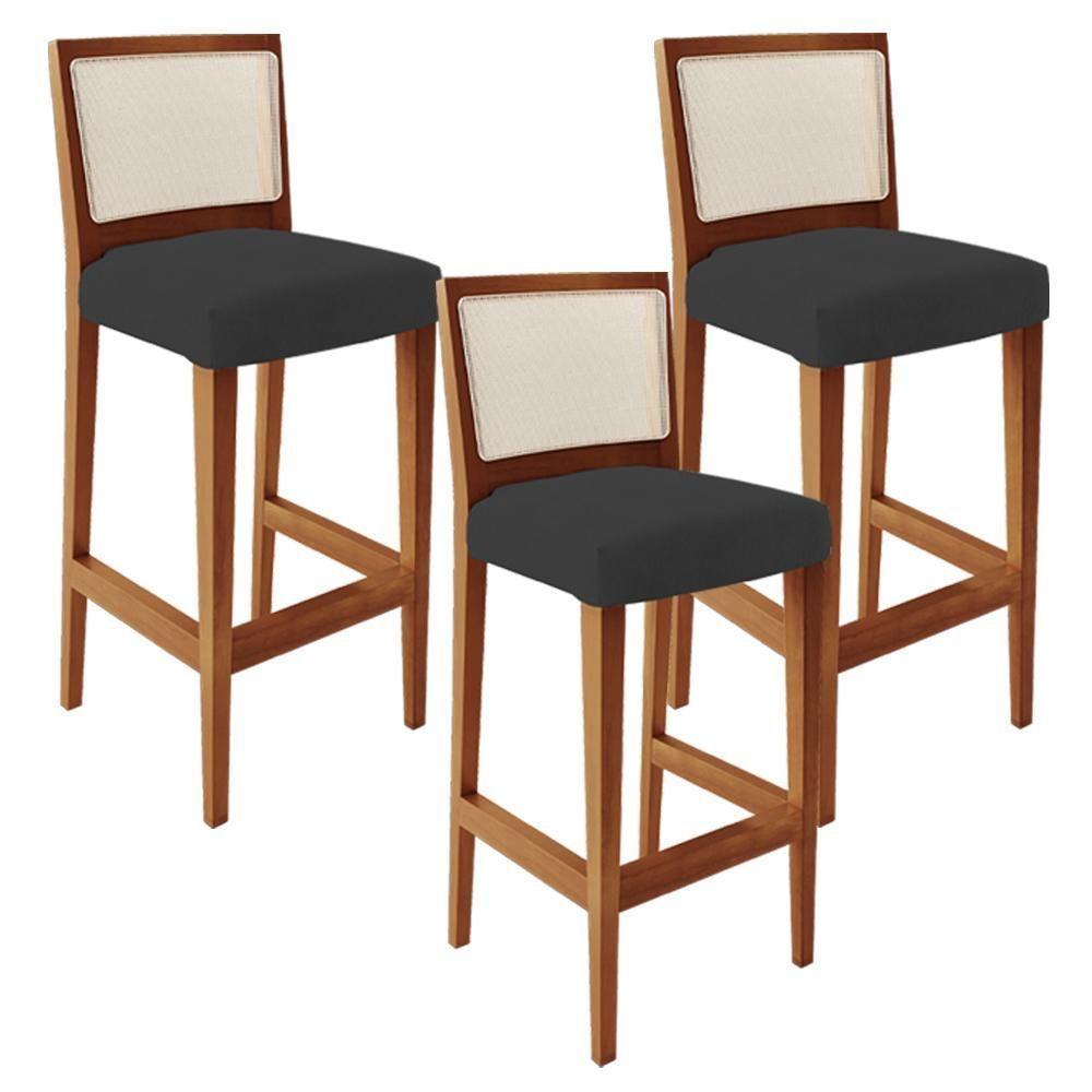 Kit 03 Banquetas Alta Branco Suede Preto - 1