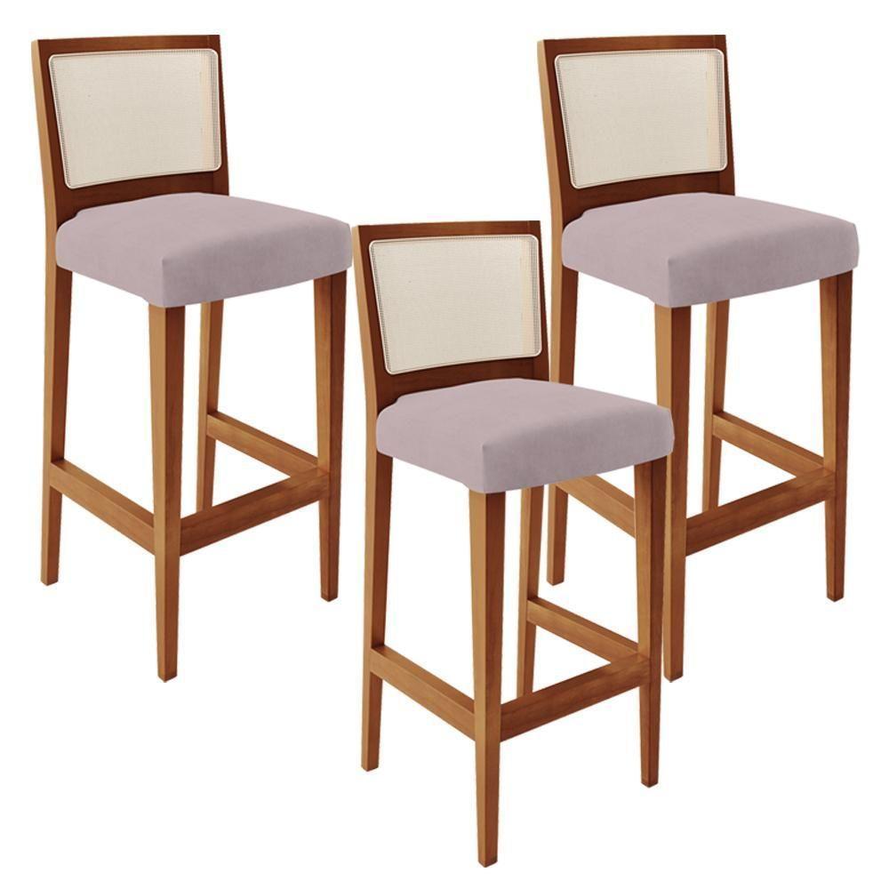 Kit 03 Banquetas Alta Branco Suede Rosê - 1