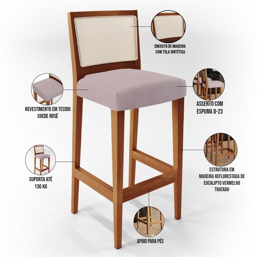 Kit 03 Banquetas Alta Branco Suede Rosê - 5