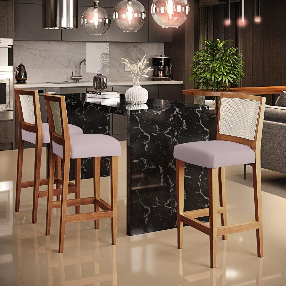 Kit 03 Banquetas Alta Branco Suede Rosê - 7