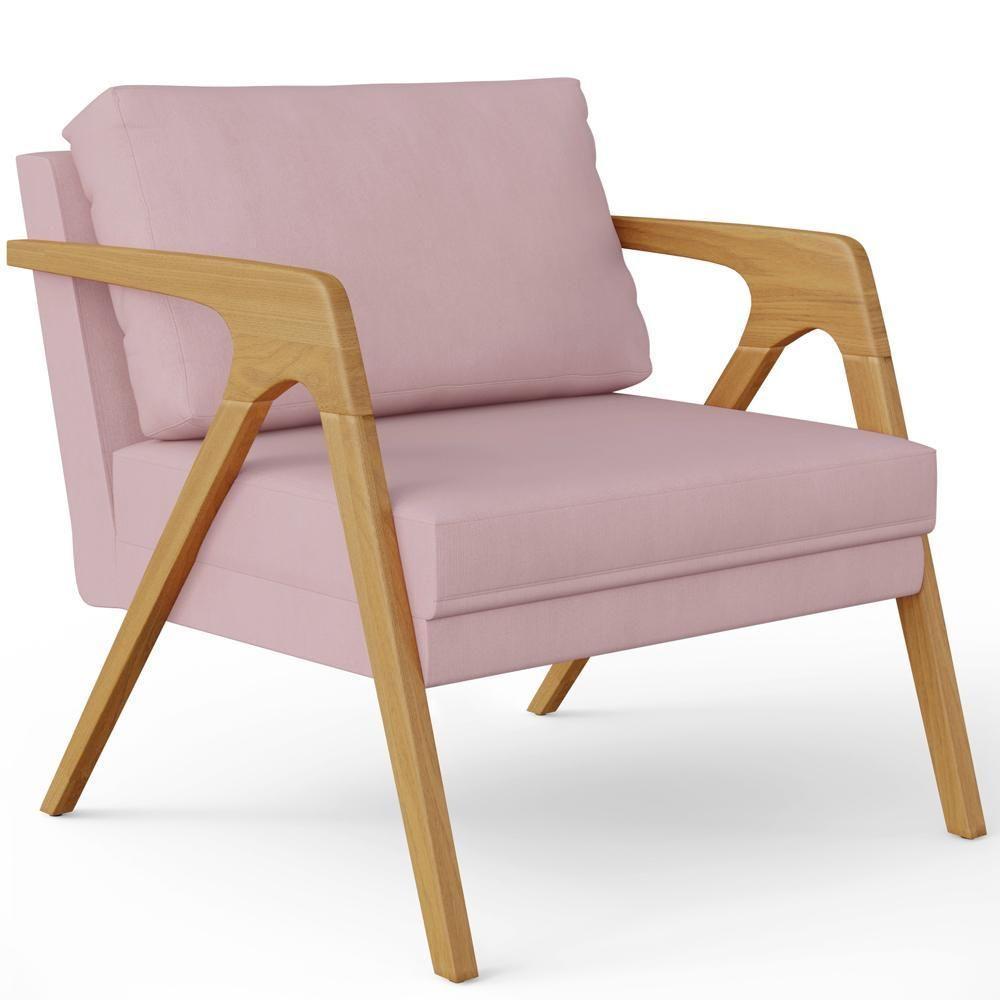 Kit 04 Poltronas Estrutura De Madeira L02 Suede Rosê - 7