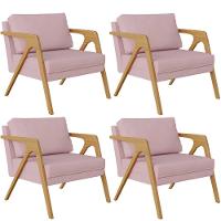 Kit 04 Poltronas Estrutura De Madeira L02 Suede Rosê - 1