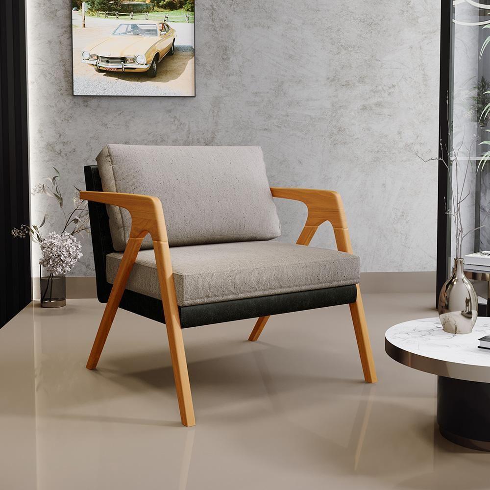 Poltrona Para Sala Estar Pietra Preto Linho Bege - 1