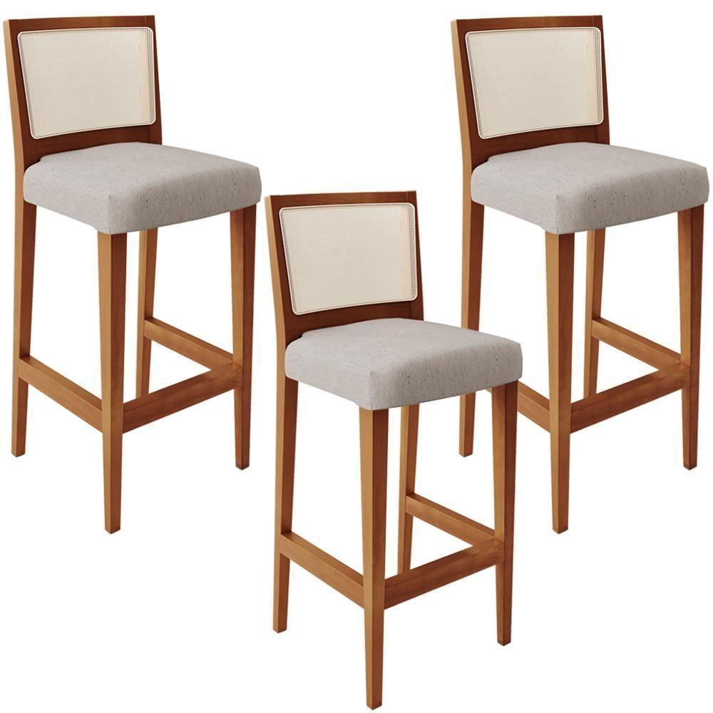 Kit 03 Banquetas Alta Branco Linho Bege - 1