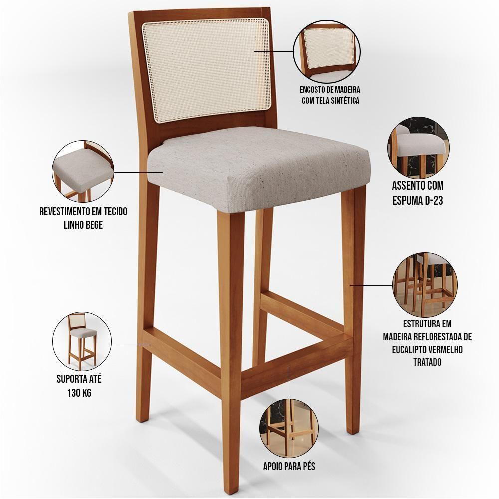 Kit 03 Banquetas Alta Branco Linho Bege - 6