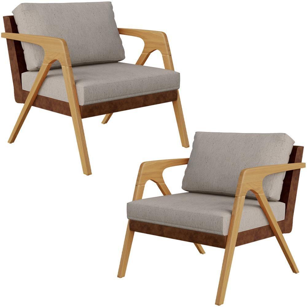 Kit 02 Poltronas Pietra L02 Couríssimo Marrom Linho Bege - 1