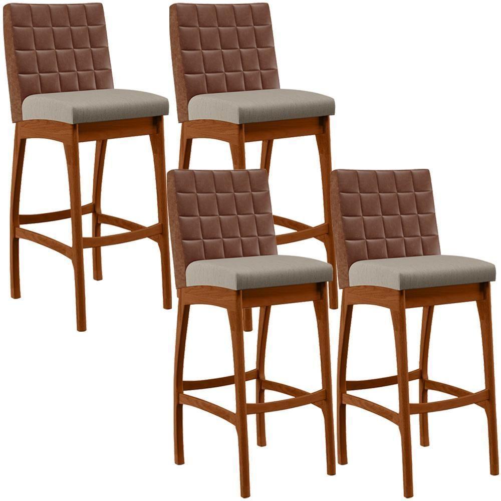 Kit 04 Banquetas Altas Mila Marrom Linho Bege - 1